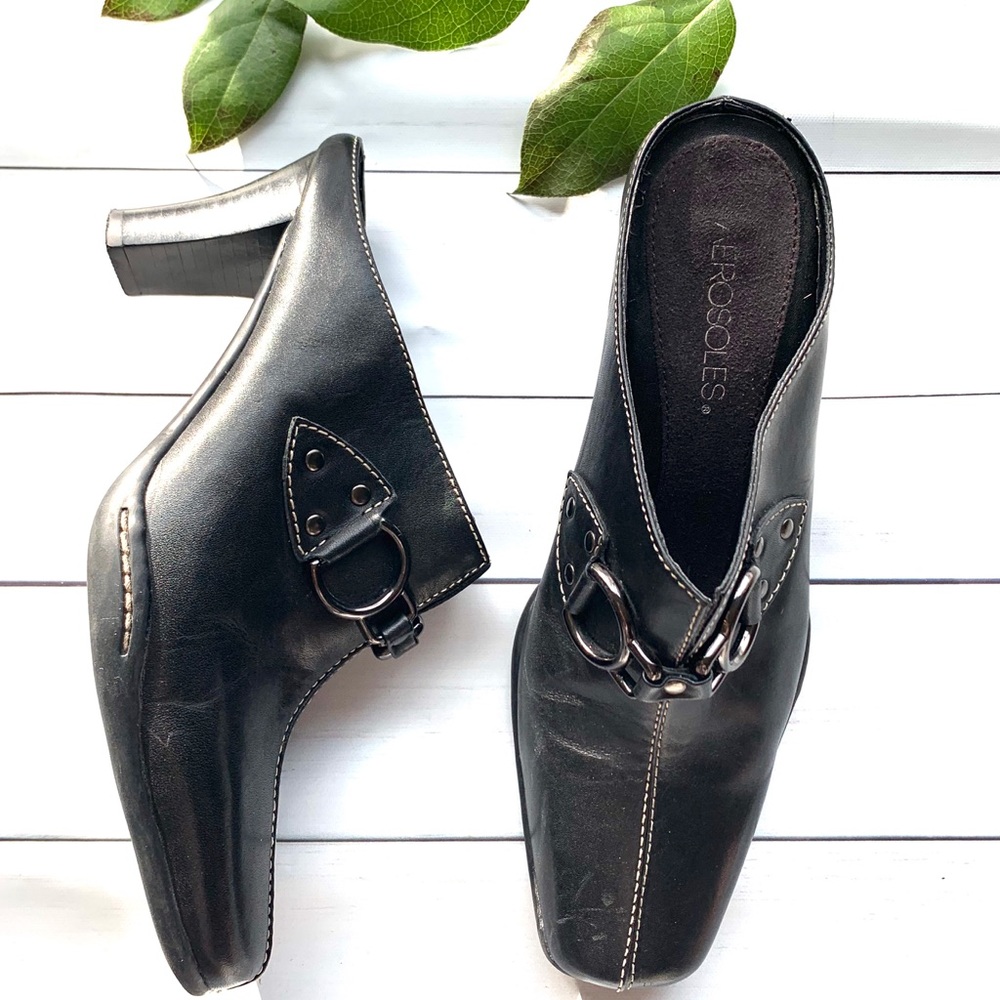 AEROSOLES shoes black buckle leather 3” heel